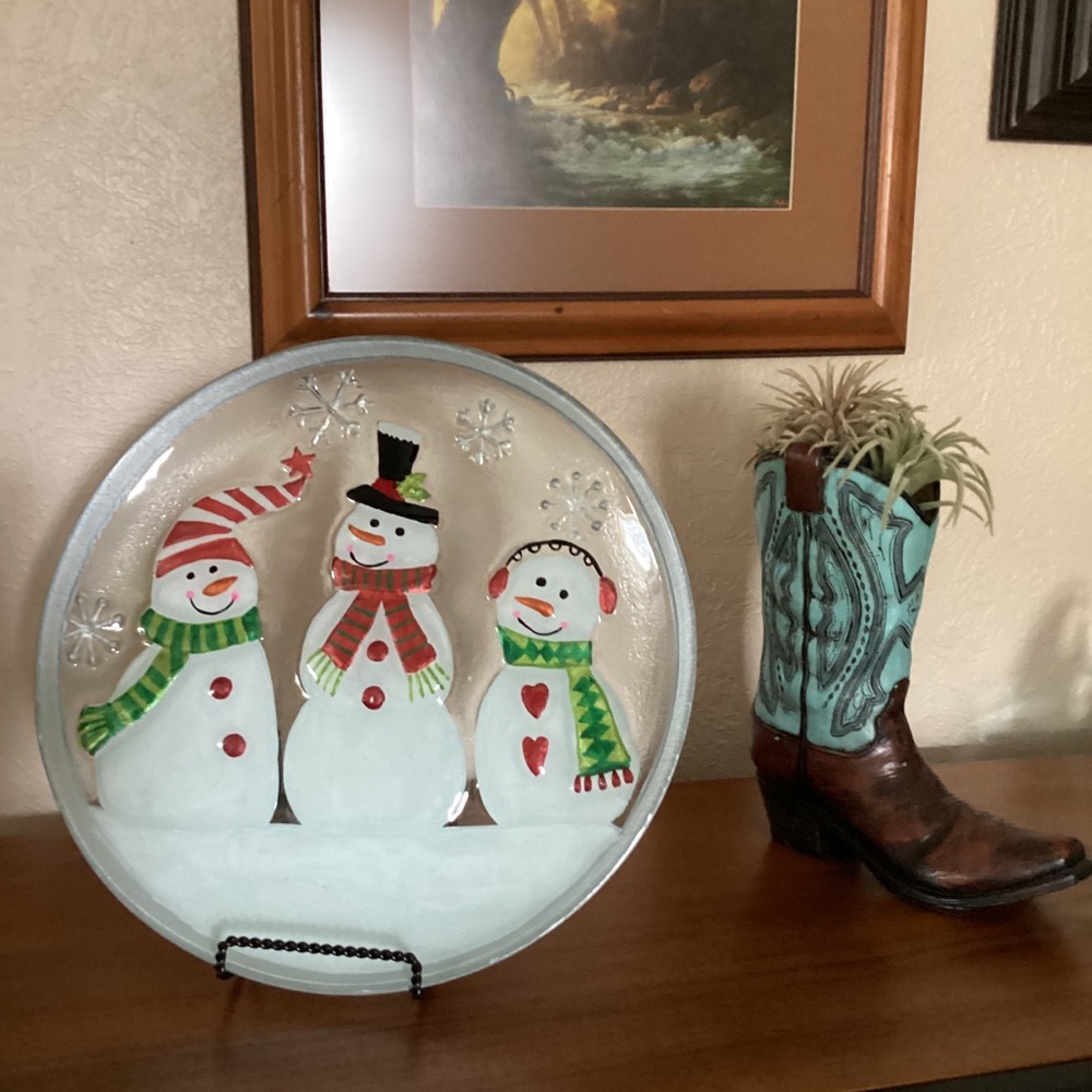 Ganz Fused Glass Round Snowmen Holiday Serving Platter Red Green White Silver - Picture 6 of 7